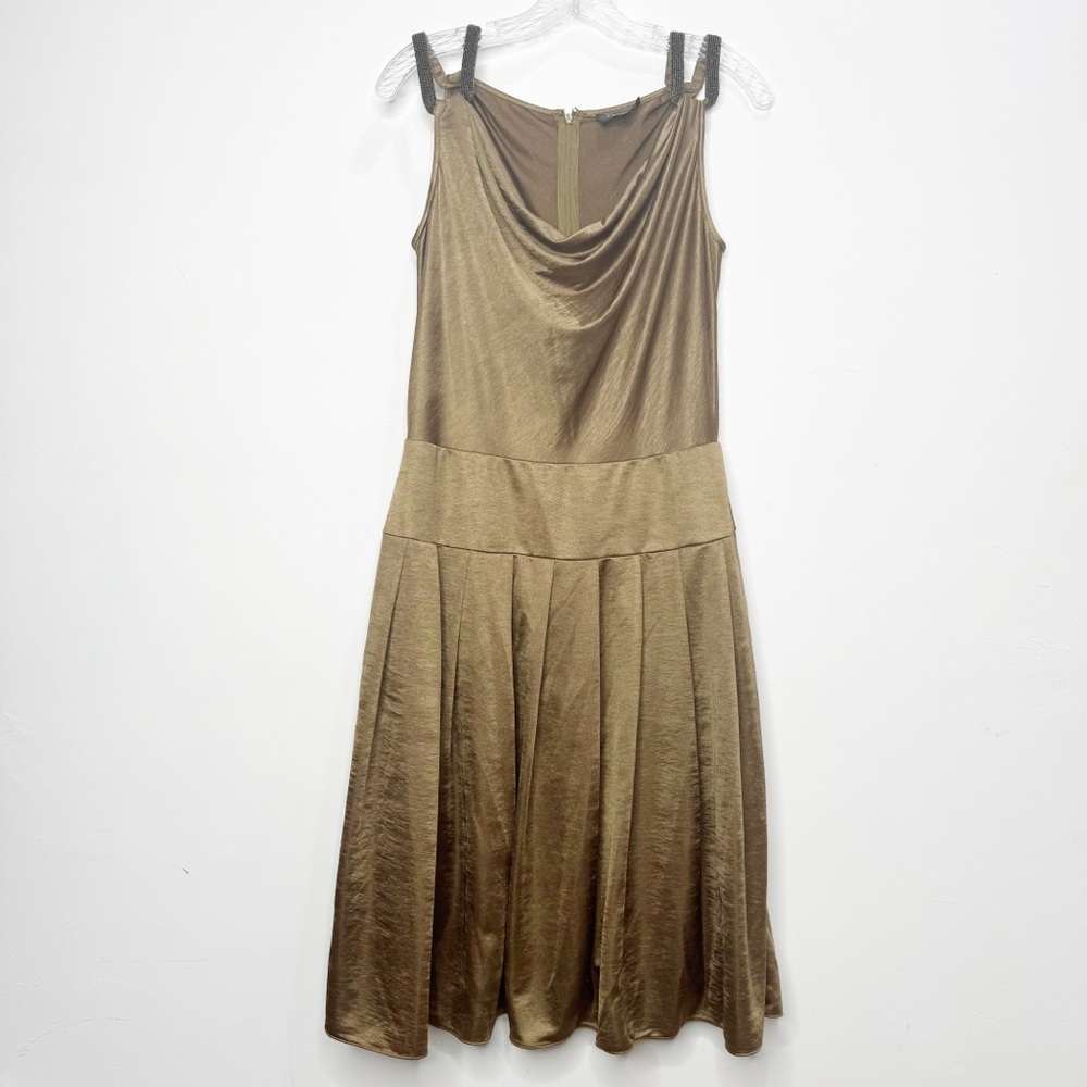 Adrianna Pappell Gold Bronze Beaded Pleated Skirt Dress Size 10
